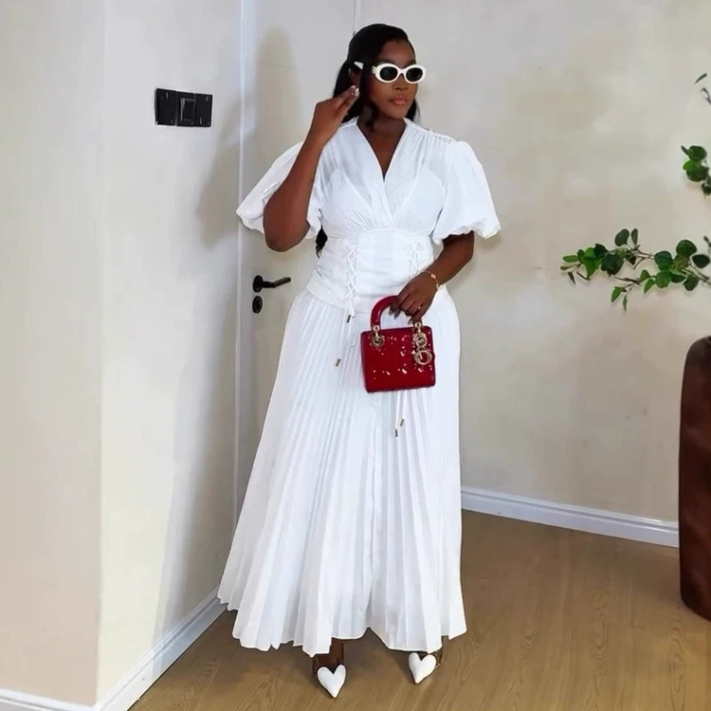 ZARA Chic African Neckline Puff Sleeve Tie Waist Solid Pleated Maxi Dress Summer